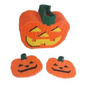 Vintage Plastic Canvas Needlepoint Halloween Pumpkin And Mini Pumpkins